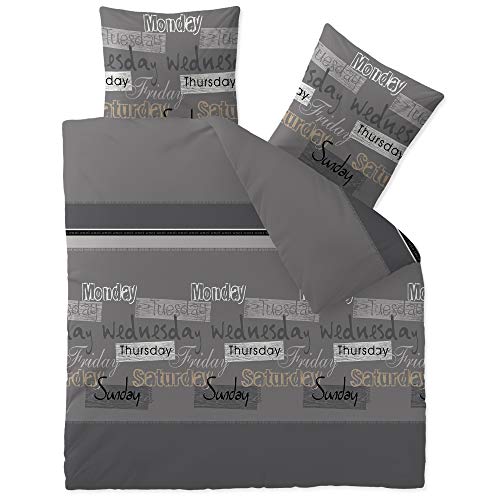 CelinaTex Touchme - Juego de cama de franela de algodón, funda nórdica Carla gris antracita negro, 100% algodón, gris, 200 x 220 cm