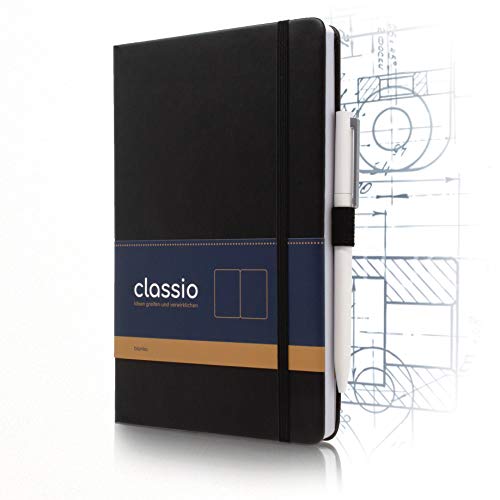 CLASSIO Cuaderno de tapa dura, A5, en blanco, con lápiz de lazo y bolsillo plegable, 200 páginas blancas de 100 g/m2, papel FSC, plegable a 180 °C, piel sintética, color negro, A5