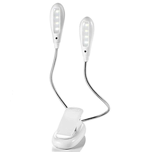 Clip flexible de LED en las luces de lectura del libro con 8 luces LED para soporte de música con 2 brazos, ajuste de nivel de 5 modos Luz de clip de viaje de cabeza doble (batería)