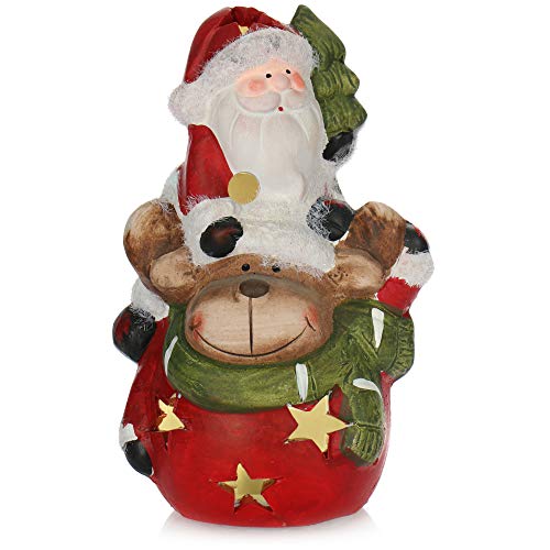 com-four® Reno con Papá Noel de cerámica - Figura Decorativa navideña para Dejar con iluminación LED - Figura Decorativa para Navidad (01 Pieza - Santa y Reno)