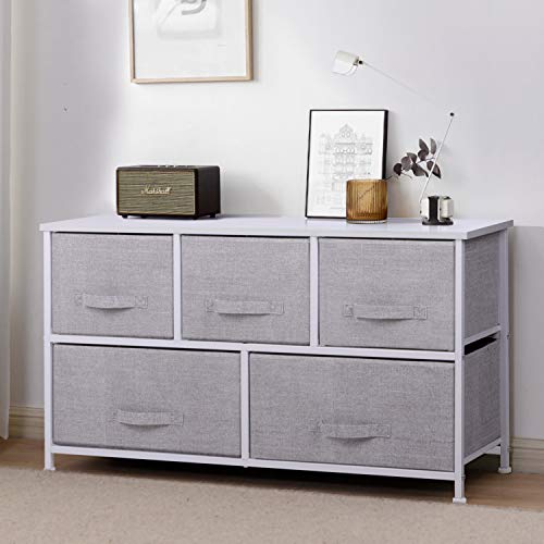 Cómoda con cajones, armario de almacenamiento con cajones de tela y marco de metal, unidad organizadora para sala de estar, dormitorio, habitación de los niños, pasillo, Gris, 5- Drawers A Cómoda con cajones, armario de almacenamiento con cajones de tela y marco de metal, unidad organizadora para sala de estar, dormitorio, habitación de los niños, pasillo, Gris, 5- Drawers A