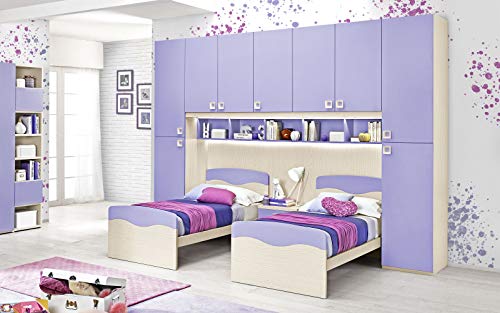 Dafne Italian Design Dormitorio completo con puente, efecto abedul, malva (doble cama individual y armario) (350 x 58 x 259 cm)