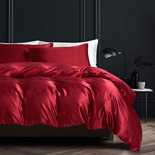 Damier Ropa de cama de satén, 135 x 200 cm, color rojo vino, juego de funda nórdica de 4 piezas de alta calidad de satén con cremallera y 2 fundas de almohada de 80 x 80 cm