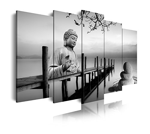 DekoArte 19 - Cuadros Modernos Impresión de Imagen Artística Digitalizada | Lienzo Decorativo para Tu Salón o Dormitorio | Estilo Buda Zen Paisaje en Blanco y Negro | 5 Piezas 150x80cm