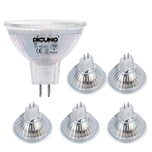 DiCUNO Bombilla LED MR16 GU5.3 5W, No regulable, Bombilla para foco LED GU10, Equivalente de halógeno 50W, 500LM, Blanco neutro 4000K, AC/DC 12V, Ángulo de haz 120 °, 6 Piezas