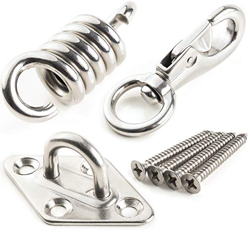 El Kit de Suspensión de la Silla Hamaca Ultra Fuerte 300 kg de Capacidad, Ganchos para Hamaca, el Resorte de Acero Inoxidable, el Gancho Giratorio, el Montaje de la Hamaca + 4 Tornillos y un Colgador El Kit de Suspensión de la Silla Hamaca Ultra Fuerte 300 kg de Capacidad, Ganchos para Hamaca, el Resorte de Acero Inoxidable, el Gancho Giratorio, el Montaje de la Hamaca + 4 Tornillos y un Colgador