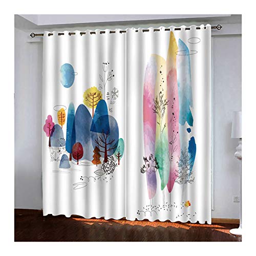 Epinki Poliester Cortinas Árbol de la Acuarela Blanco y Azul Cortinas de Habitacion de Matrimonio 2 Piezas,Disponible en 21 Tamaños, Tamaño 264x214CM