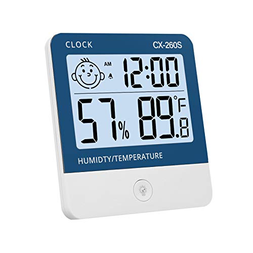 eSynic 1 pcs Termómetro Higrómetro Digital Medidor de Temperatura y Humedad Reloj + Luz de Fondo con Indicador de Confort para Interior y Exterior Habitación Casa Oficina Ambiente
