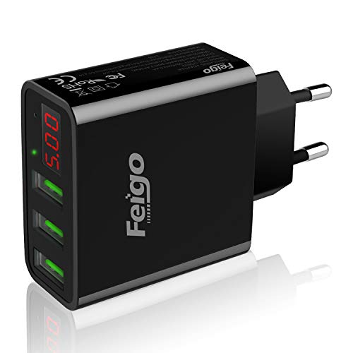 Feigo Cargador USB de 3 puertos Quick Charger de 30W con cargador de pared con pantalla digital LED para iPhone, iPad, Samsung Galaxy, Nexus, HTC, LG y otros (Negro)