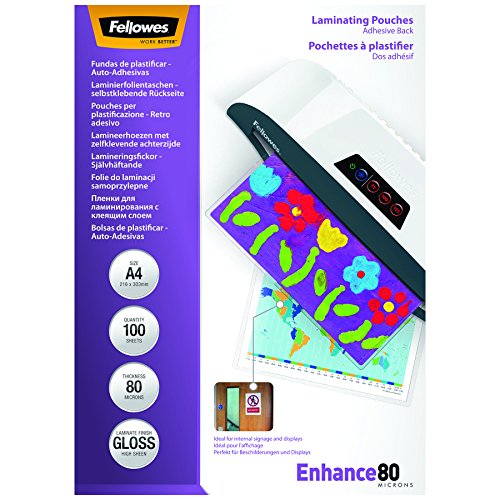 Fellowes 5302202 - 100 fundas de plastificar auto-adhesivas, 80 micras, formato A4 (216 × 303 mm)