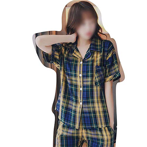 FHISD Conjunto de Pijamas para Mujer a Cuadros Confort Solapas de algodón y Mangas Cortas Ropa de casa Pijamas Ropa de habitación Pantalones de Pijama para Mujer Conj