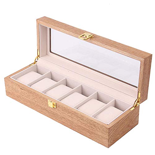 FIONAT Caja para Relojes Cajas para Joyas Hombre Mujer Regalo Caja De Almacenamiento De Madera Maciza con 6 Patrones De Fresno Vintage 31.5 * 11 * 8.2Cm