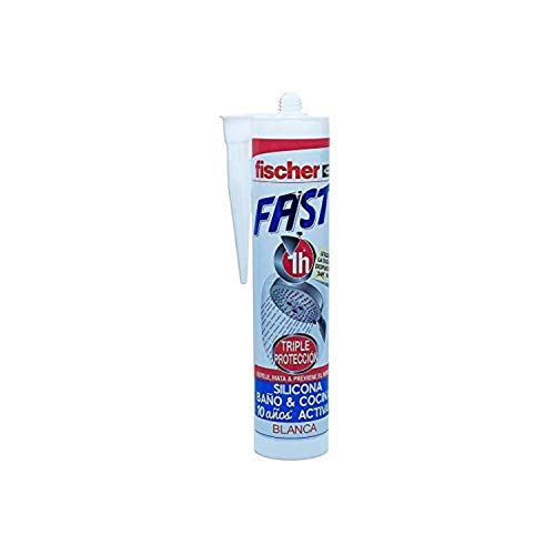 fischer – Silicona Fast (tubo de 280 ml) blanca, para pegado y sellado de baños y cocinas, ideal para duchas y sanitarios por ser resistente al agua e impermeable, se seca en 1 hora