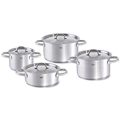 Fissler family line / Juego de ollas de acero inoxidable, compuesto por 4 piezas (3 ollas de cocción, 1 rustidera) con tapaderas, lavable en el lavavajillas y apto para inducción