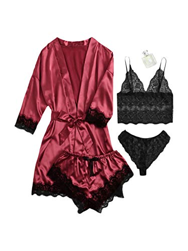 Floerns Women's 4 Piece Lace Lingerie Set with Belted Robe Multi-3 S