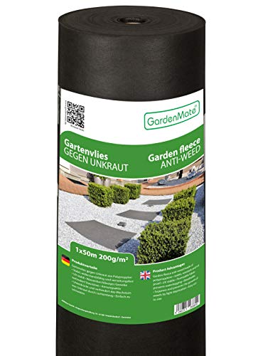 GardenMate Rollo de Malla geotextil prémium de 1 m x 50 m y 200 g/m²– Geotextil extrarresistente para Malas Hierbas – Alta estabilización contra UV – Permeable al Agua – 1 m x 50 m = 50 m²