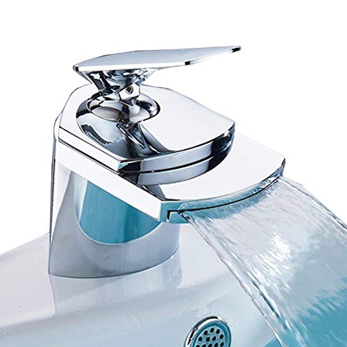 Grifo de Lavabo Baño,Grifo Cascada Monomando para Cuadrado Fregadero Cocina Mezclador, Válvula De Cerámica, Agua Fria y Caliente Disponible, Cromo-plateada Estilo de Moderno