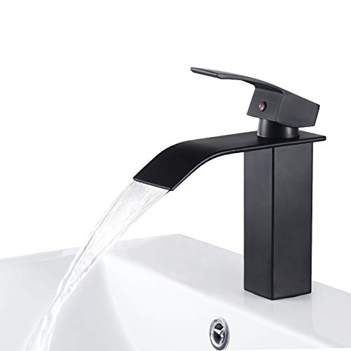 Grifo de Lavabo Cascada Negro, Agua Fria y Caliente Disponible, Grifo de Baño Cuadrado Cuenca Grifería Monomando de Latón para Lavabo