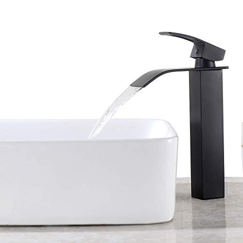 Grifo de Lavabo Cascada Negro Alta Grifo de Baño Cuadrado Cuenca Grifería Monomando para Lavabo, Agua Fria y Caliente Disponible, Latón Grifo de Lavabo Cascada Negro Alta Grifo de Baño Cuadrado Cuenca Grifería Monomando para Lavabo, Agua Fria y Caliente Disponible, Latón