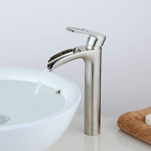Grifo del baño Níquel cepillado Grifo para encimera de cascada Asa única 1 Orificio Montaje en lavamanos Lavabo alto Grifo mezclador moderno Grifo del baño Níquel cepillado Grifo para encimera de cascada Asa única 1 Orificio Montaje en lavamanos Lavabo alto Grifo mezclador moderno