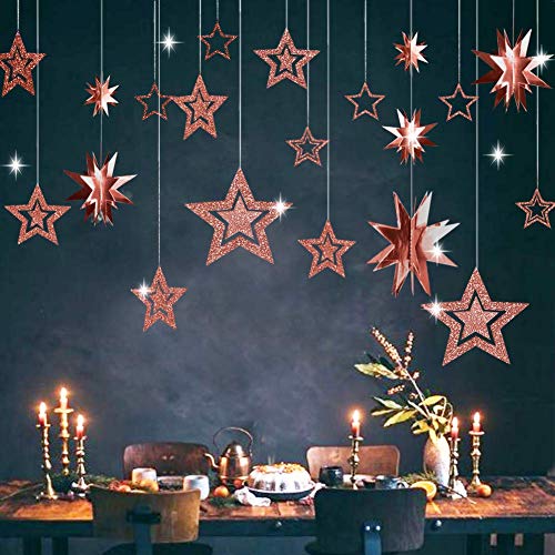 Guirnalda de estrellas de oro rosa con purpurina y brillantina, decoración de fiesta con estrellas 3D para cumpleaños, baby shower, bodas, Navidad, compromiso, graduación, Año Nuevo