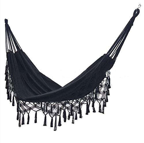 hamaca brasileña doble de jardín Hamaca clásica de macramé con flecos de algodón, cama plegable para acampar, playa, patio, dormitorio, patio, porche, exterior, interior (Negro,Max load 450lbs)