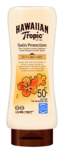 HAWAIIAN Tropic Satin Protection Ultra Radiance - Loción Solar de Protección Alta, índice SPF 50+, protege y suaviza la piel, fragancia Frutas Tropicales, 180 ml