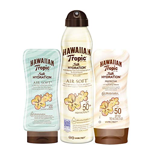 HAWAIIAN Tropic Silk Hydration - Crema Solar En Loción Spf 50 200ml + Spray Solar En Bruma Air Soft Spf 50 80ml + After Sun Air Soft 200ml, Pack 3 Unidades