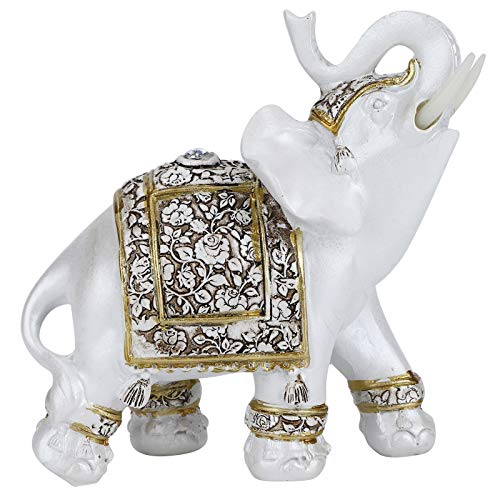 HERCHR Estatuas de Elefante Feng Shui, Figuras de Elefante Blanco con Tronco Elevado para Adorno de decoración del hogar(L-Porcelana Flor Dorada)