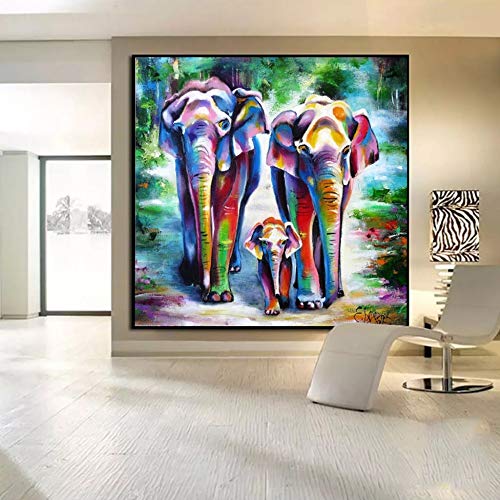 hetingyue Tres Elefantes Imprimen Pinturas sobre Lienzo, Elefantes Familiares, Pinturas al óleo del Paisaje, decoración de la Sala de Estar, Pinturas sin Marco, 50X50CM