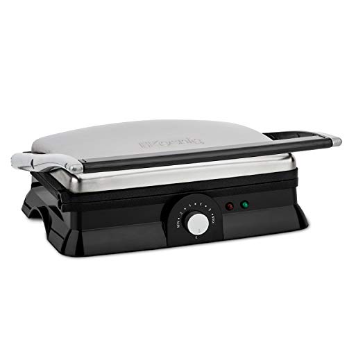 H.Koenig GR20 Parrilla Eléctrica, Grill y Sandwichera, 2000 W, Temperatura hasta 230º, Revestimiento Antiadherente, Apertura 180º, Acero Inoxidable, Negro/Gris, Dimensiones 29.7 x 23 cm