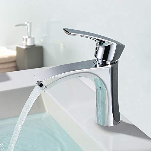 Homelody Grifo de Lavabo para Baño de Latón Grifo Monomando Grifo de Cuenca Grifo Cromado con Aireador ABS Desmontable Ahorro de Agua Mezclador Agua Fría y Caliente