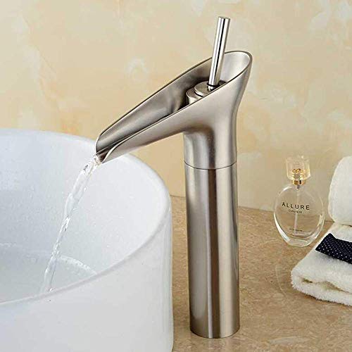 HYLH Grifos de latón Modernos Mezclador de Lavabo de baño Grifo Mezclador de Superficie de níquel Cepillado Mate Grifo de Lavabo Grifo de Cascada de Alto Pico