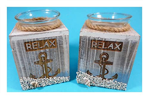 Juego de 2 portavelas Relax 10 x 7 cm, portavelas marítimo con concha, figura decorativa 1373 Juego de 2 portavelas Relax 10 x 7 cm, portavelas marítimo con concha, figura decorativa 1373