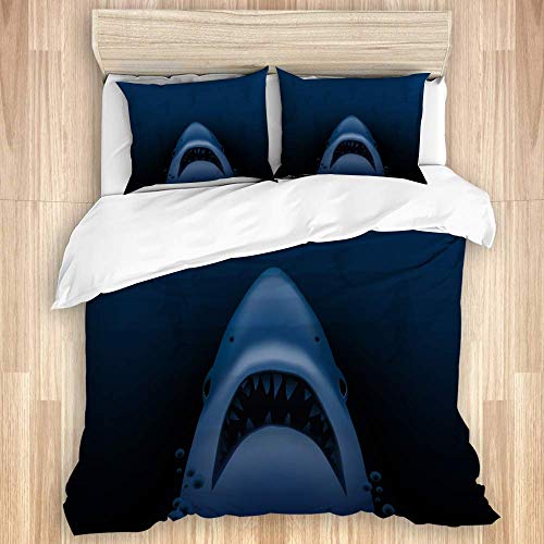 Juego de funda nórdica de 3 piezas, grupo de peligro de ataque de tiburón en el mar profundo de giro de tiburón enojado, juegos de fundas de edredón de microfibra de lujo para dormitorio, colcha con c Juego de funda nórdica de 3 piezas, grupo de peligro de ataque de tiburón en el mar profundo de giro de tiburón enojado, juegos de fundas de edredón de microfibra de lujo para dormitorio, colcha con c