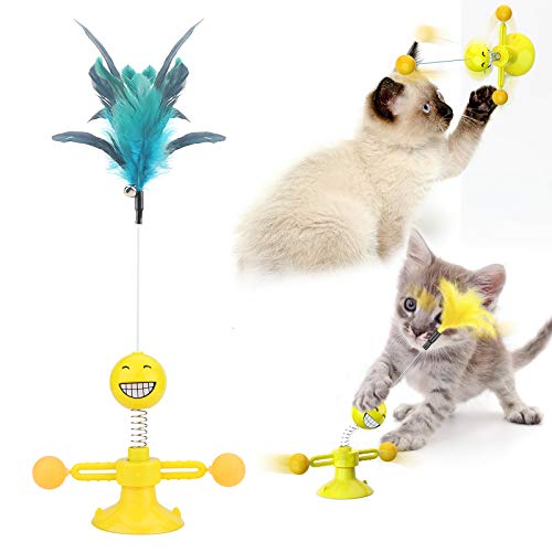 Juguete para gato,Juguetes para Mascotas,Juguetes interactivos para gatos,Juguetes con plumas para gatos con campana,juguete giratorio para gatos Molino de Viento，suministros para gatos-amarillo