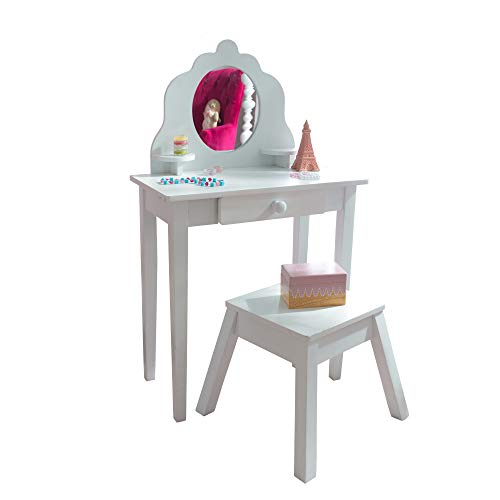 KidKraft- Juego de tocador con espejo y taburete de madera, tamaño mediano, para cuarto de juegos de niños/muebles de dormitorio , Color Blanco (13009)
