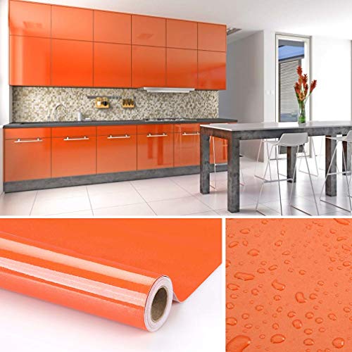 KINLO Papel de Cocina Naranja 60x500cm de PVC Adhesivo para Armario Cocina Papel Adhesivo para Muebles Papel Impermeable Autoadhesivo para Armario de Cocina Papel Decorativo con Brillo