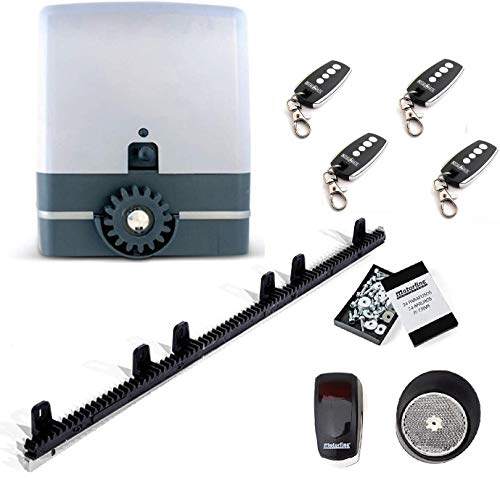 Kit completo profesional motor puerta corredera residencial hasta 600kg de peso con 4 mandos alta seguridad, placa de control, fotocelulas, y 6 metros de cremallera de nylon reforzada en acero.