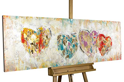 Kunstloft® Cuadro en acrílico 'Color My Heart' 150x50cm | Original Pintura XXL Pintado a Mano sobre Lienzo | Corazones Beis Dorado | Cuadro acrílico de Arte Moderno con Marco