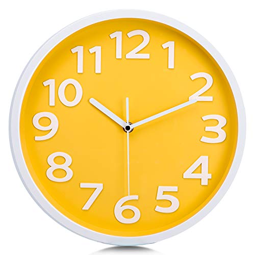 Lafocuse Reloj de Pared Amarillo Números 3D Grandes Reloj de Cuarzo Educativo Silencioso Fácil de Leer para Chicas Salon Habitacion Escuela 30cm