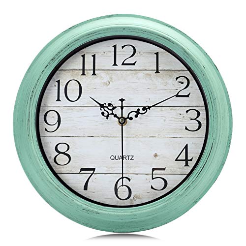 Lafocuse Relojes de Pared Shabby Chic Turquesa Grano de Madera Reloj de Cuarzo Rustico Silencioso para Cocina Salon Dormitorio Infantil 30cm