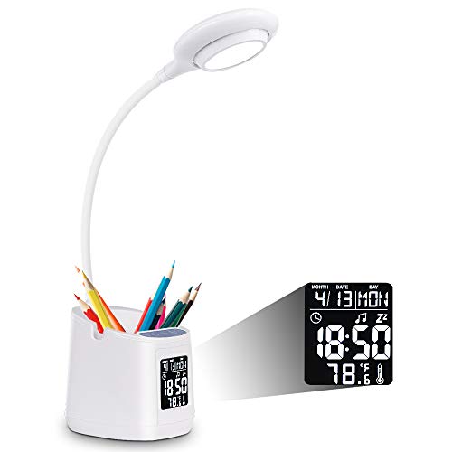 Lámpara de Escritorio LED Wanjiaone con Soporte para Bolígrafo y Móvil, Flexo LED, Regulación sin Escalones, Pantalla LCD, Luz Escritorio Flexible Batería Incorporada para Estudio/Lectura/Oficina