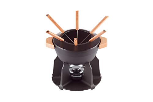 Le Creuset Set de fondue de hierro fundido, Con 2 asas de madera, tapa antisalpicaduras, quemador y 6 tenedores para fondue, Volumen: 2 L, Negro