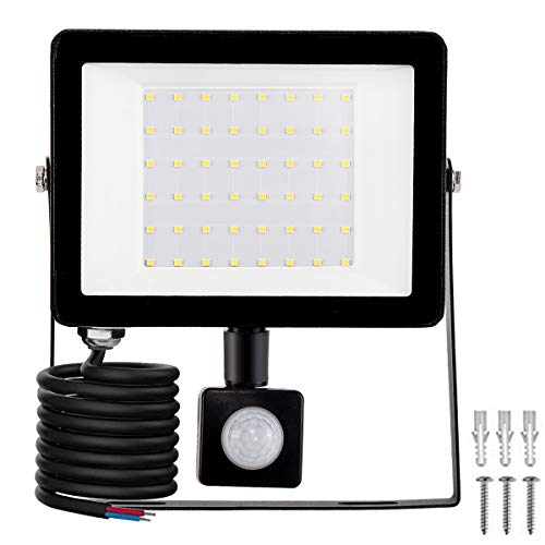 LED Foco Exterior con Sensor Movimiento, Proyector Led Impermeable IP65 Floodlight Led Foco Blanco Frío 6500K Exterior Iluminación para Patio, Almacén, Camino, Jardín (50W, 1Pack)