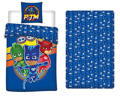 LesAccessoires PJ Masks - Juego de cama (funda nórdica de 140 x 200 cm + funda de almohada + sábana bajera de 90 x 190 cm)