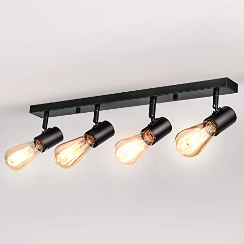 Lightess Lámpara de Techo 4 Focos Interior 360° Giratorio y 90° Ajustable Luz de Metal Industrial Casquillo E27 40W Iluminación para Dormitorio, Sala, Cocina, Restaurante, Sin Bombilla, Negro