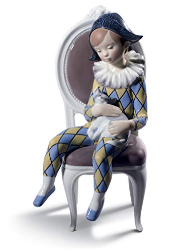 LLADRÓ Figura Niño Arlequín Sentado. Azul Y Amarillo. Figura Payaso de Porcelana.