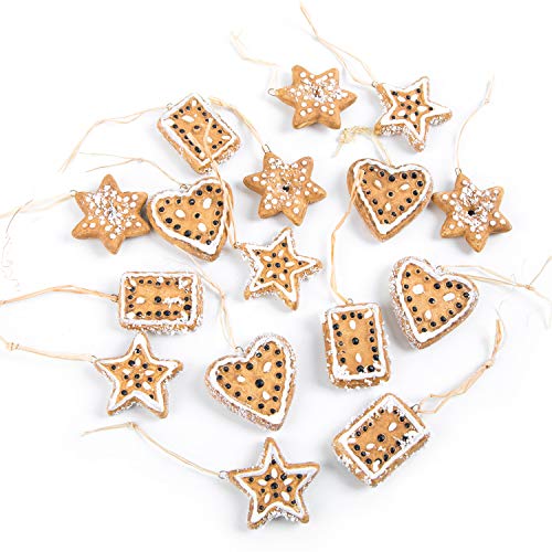 Logbuch-Verlag 16 adornos de galletas de jengibre con cordel para colgar, de cerámica, con corazón, estrella, marrón, natural, blanco