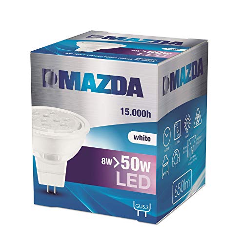 Mazda LED G5.3, 8 W, 12V AC electronico H 44mm x W 50mm, Blanco Cálido